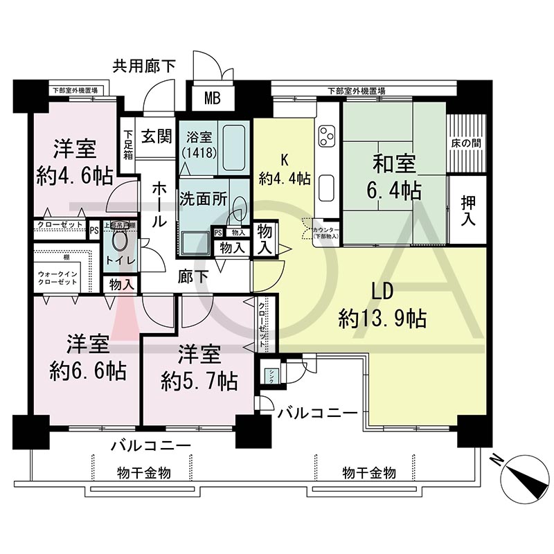 アスタ新長田タワーズコート3番館の間取り図 南西向き 4LDK+WIC 専有面積93.50m2
バルコニー面積21.37m2