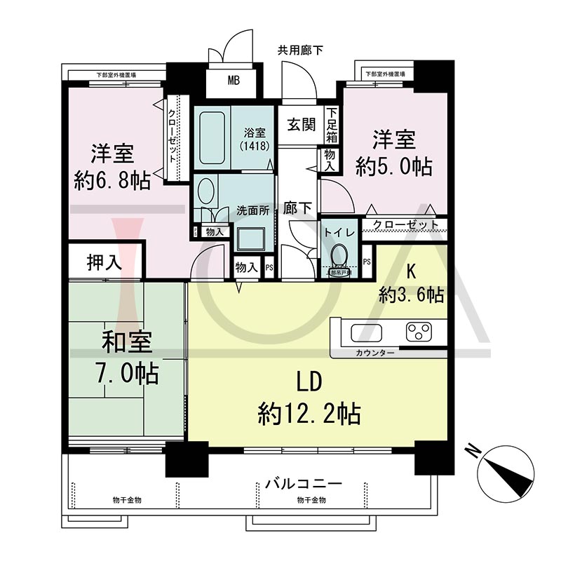 アスタ新長田タワーズコート3番館の間取り図 南西向き 3LDK 専有面積74.34m2
バルコニー面積12.14m2