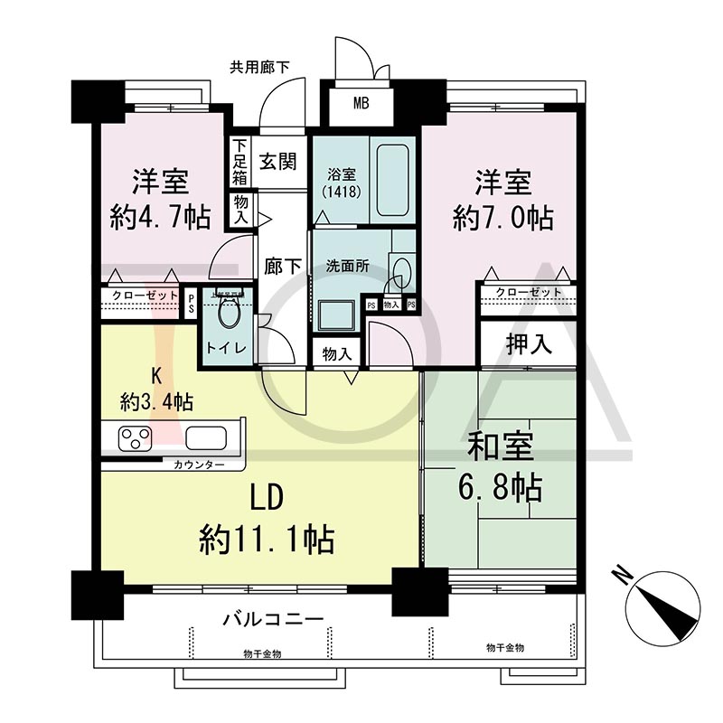アスタ新長田タワーズコート3番館の間取り図 南西向き 3LDK 専有面積71.47m2
バルコニー面積12.14m2