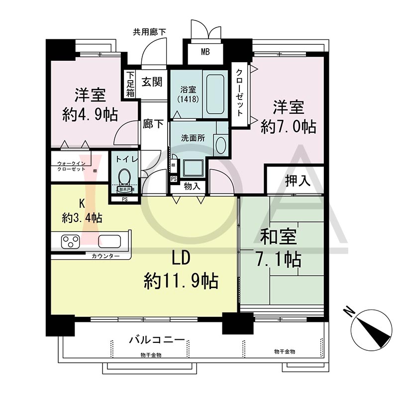 アスタ新長田タワーズコート3番館の間取り図 南西向き 3LDK+WIC 専有面積74.43m2
バルコニー面積12.14m2