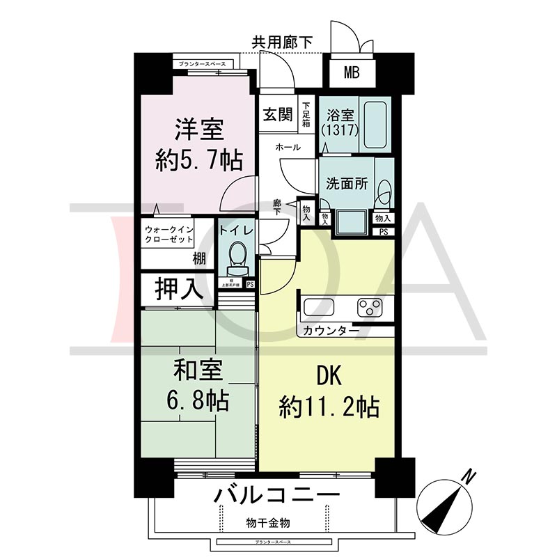 アスタ新長田タワーズコート3番館の間取り図 南東向き 2DK+WIC 専有面積56.60m2
バルコニー面積8.09m2
