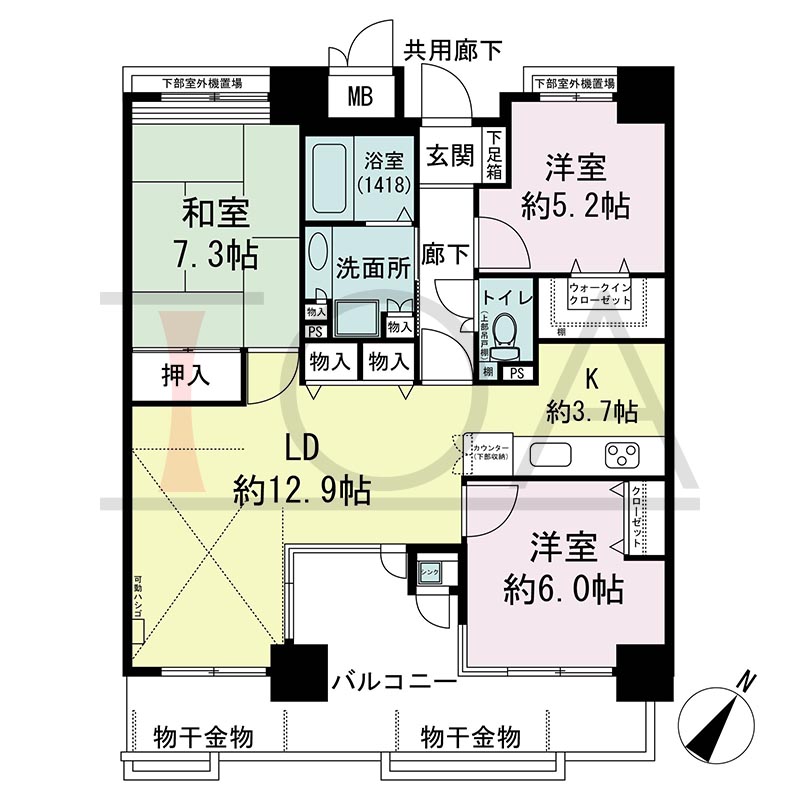 アスタ新長田タワーズコート3番館の間取り図 南東向き 3LDK+WIC 専有面積77.38m2
バルコニー面積17.69m2