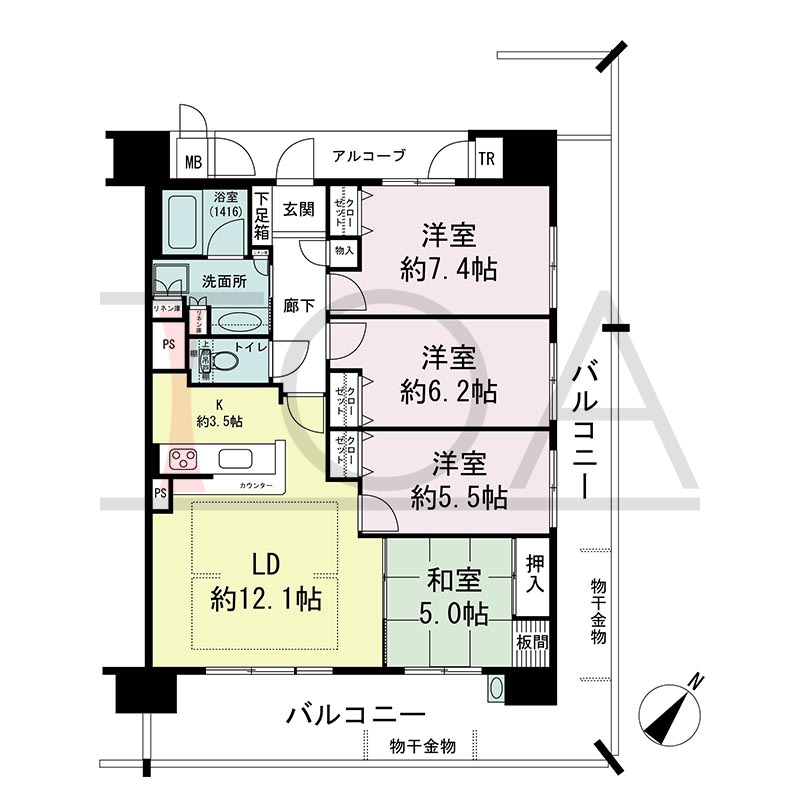 アスタピア新長田エスタプレシオスの間取り図 南東向き角 4LDK 専有面積84.60m2
バルコニー面積32.43m2
アルコーブ面積5.14m2