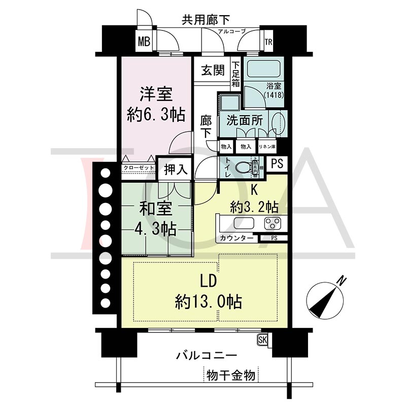 アスタピア新長田エスタプレシオスの間取り図 南東向き 2LDK 専有面積62.00m2
バルコニー面積12.40m2
アルコーブ面積3.65m2