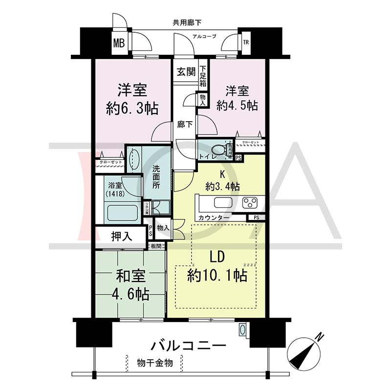 アスタピア新長田エスタプレシオスの間取り図 南東向き 3LDK 専有面積65.00m2
バルコニー面積13.00m2
アルコーブ面積3.94m2