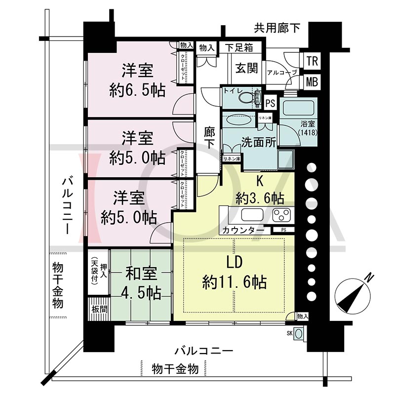 アスタピア新長田エスタプレシオスの間取り図 南東向き角 4LDK 専有面積80.48m2
バルコニー面積34.61m2
アルコーブ面積2.06m2