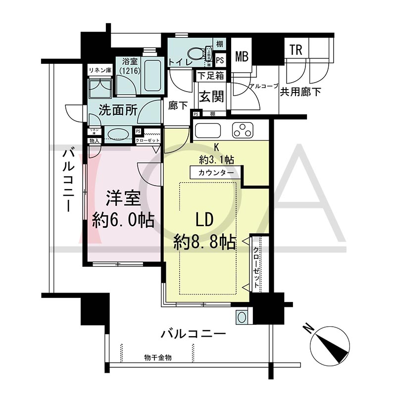 アスタピア新長田エスタプレシオスの間取り図 南西向き角 1LDK 専有面積44.66m2
バルコニー面積21.38m2
アルコーブ面積2.38m2