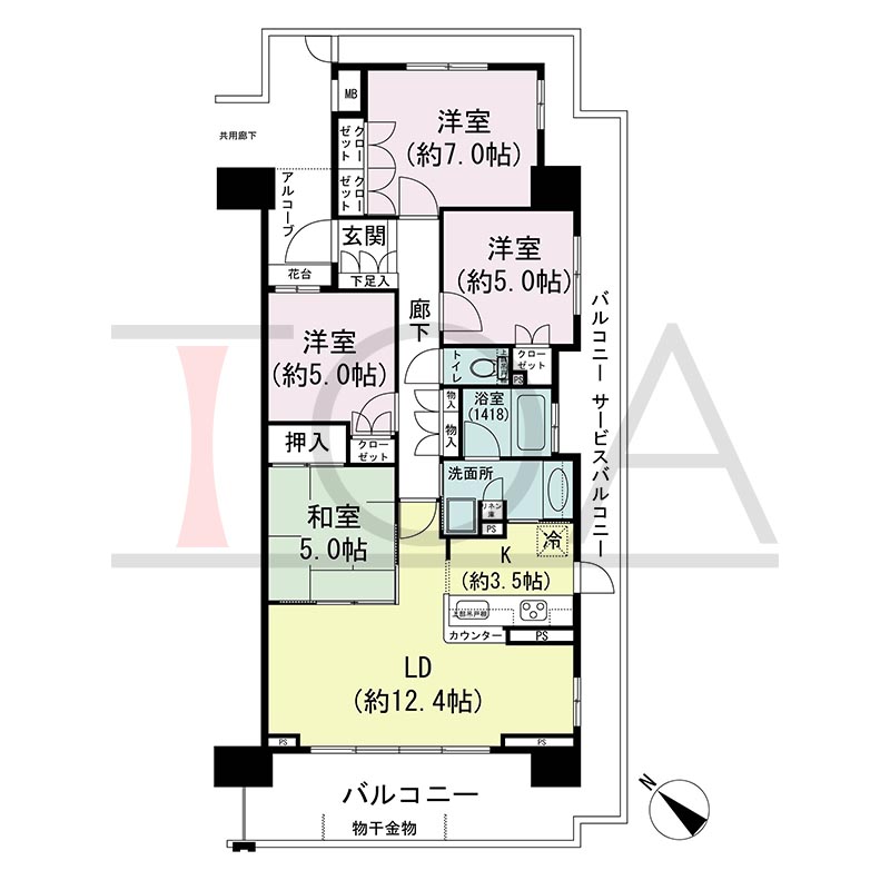 シティタワーグラン須磨鷹取の間取り図 南向き角 4LDK 専有面積84.32m2
バルコニー面積14.00m2から36.02m2のお部屋あり
サービスバルコニー面積22.02m2※サービスバルコニー住戸タイプのみ
アルコーブ面積3.07m2