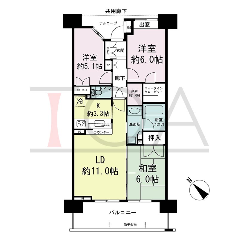 シティタワーグラン須磨鷹取の間取り図 南西向き 3LDK+N 専有面積69.66m2
バルコニー面積12.60m2
アルコーブ面積4.67m2