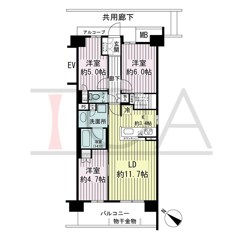 シエリア須磨鷹取C棟の間取り図 南西向き角 3LDK+WIC 専有面積68.35m2
バルコニー面積11.02m2
アルコーブ面積2.98m2