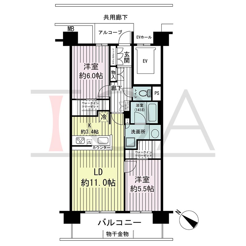 シエリア須磨鷹取C棟の間取り図 南西向き 2LDK+2WIC 専有面積63.19m2
バルコニー面積11.59m2
アルコーブ面積3.68m2