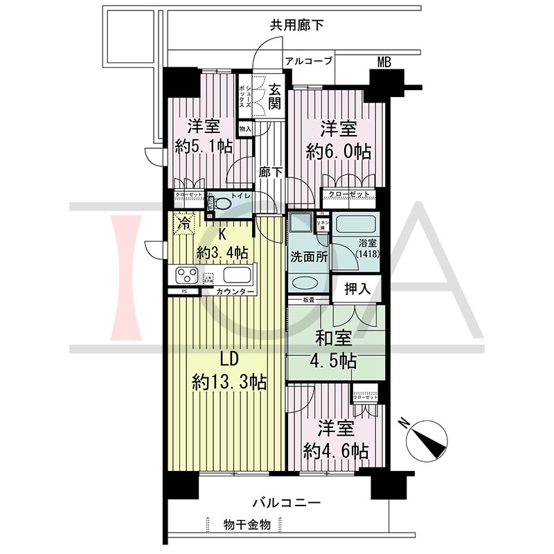 シエリア須磨鷹取C棟の間取り図 南西向き角 4LDK 専有面積77.75m2
バルコニー面積12.54m2
テラス面積12.54m2※テラス住戸タイプのみ
アルコーブ面積3.65m2