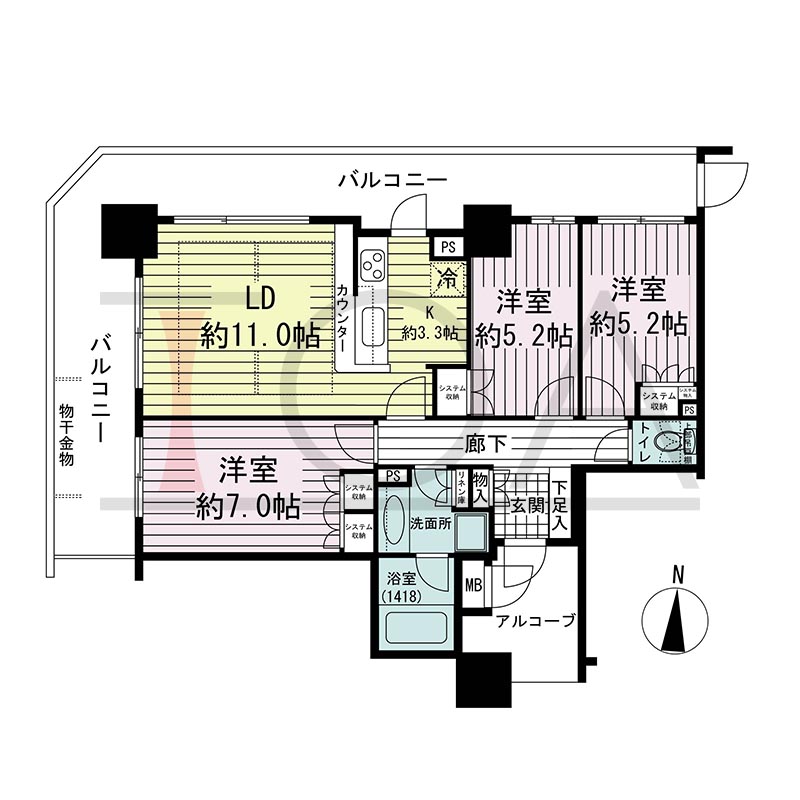須磨コーストタワーの間取り図 北西向き角 3LDK 専有面積70.65m2
バルコニー面積28.04m2
アルコーブ面積5.51m2