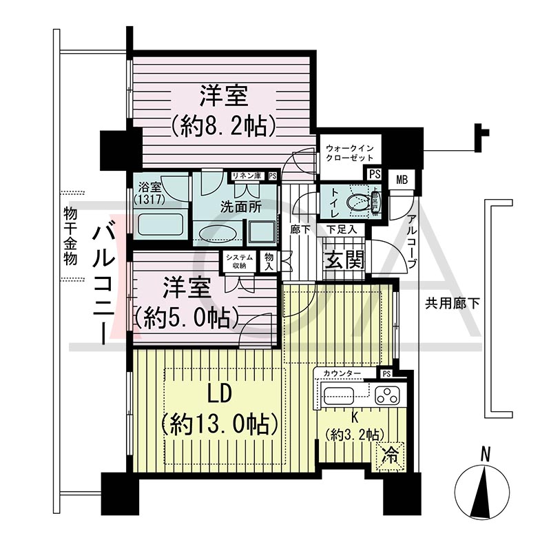 須磨コーストタワーの間取り図 西向き 2LDK 専有面積64.68m2
バルコニー面積19.20m2
アルコーブ面積4.01m2