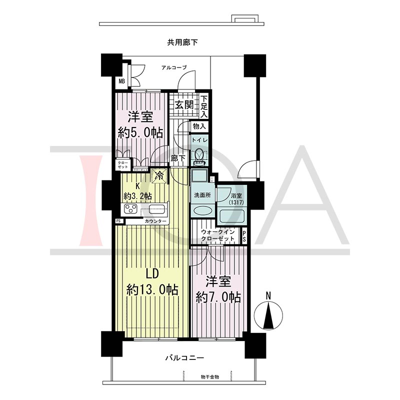 須磨コーストタワーの間取り図 南向き 2LDK 専有面積61.98m2
バルコニー面積13.00m2
アルコーブ面積5.86m2