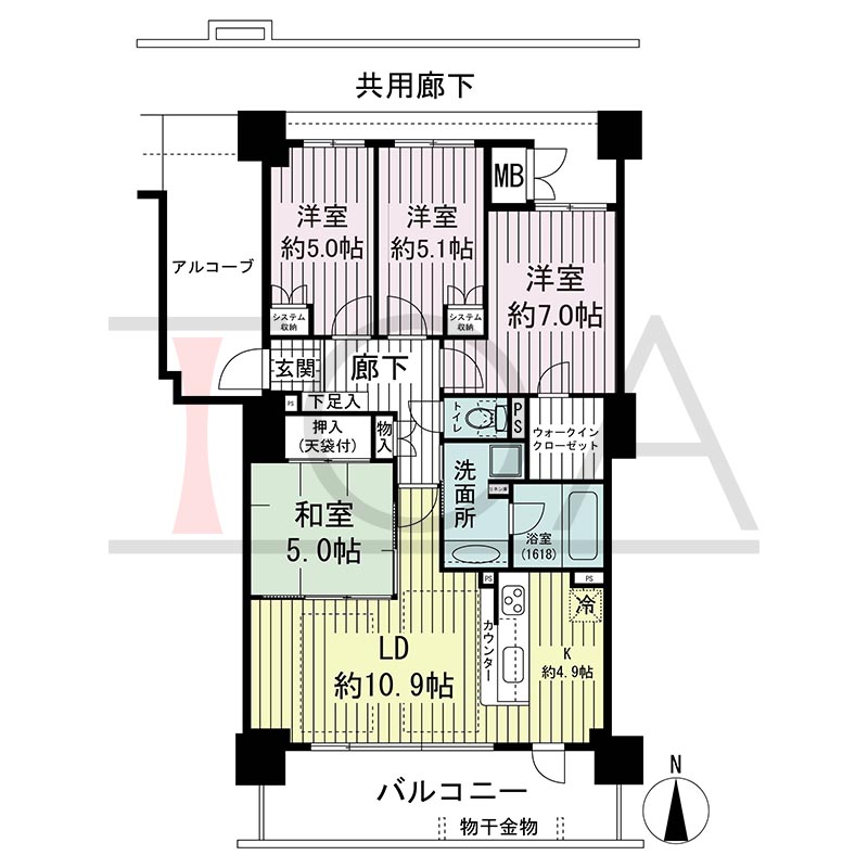 須磨コーストタワーの間取り図 南向き 4LDK 専有面積84.62m2
バルコニー面積14.40m2
アルコーブ面積11.67m2