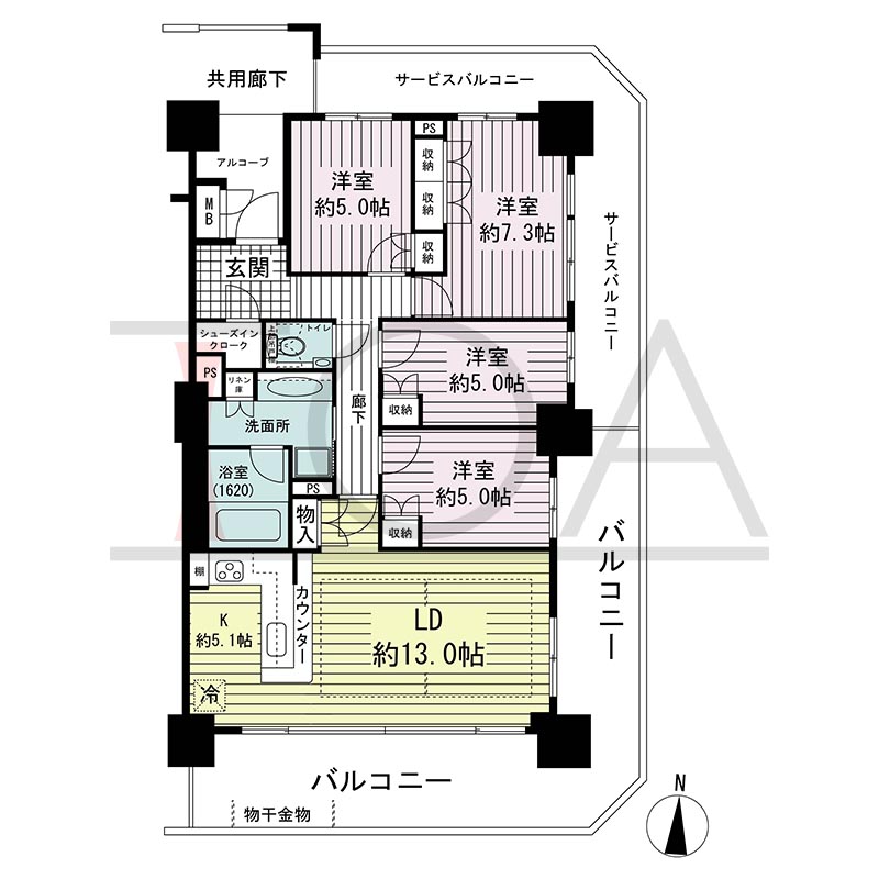 須磨コーストタワーの間取り図 南東向き角 4LDK 専有面積91.58m2
バルコニー面積28.76m2
サービスバルコニー面積16.69m2
アルコーブ面積3.94m2