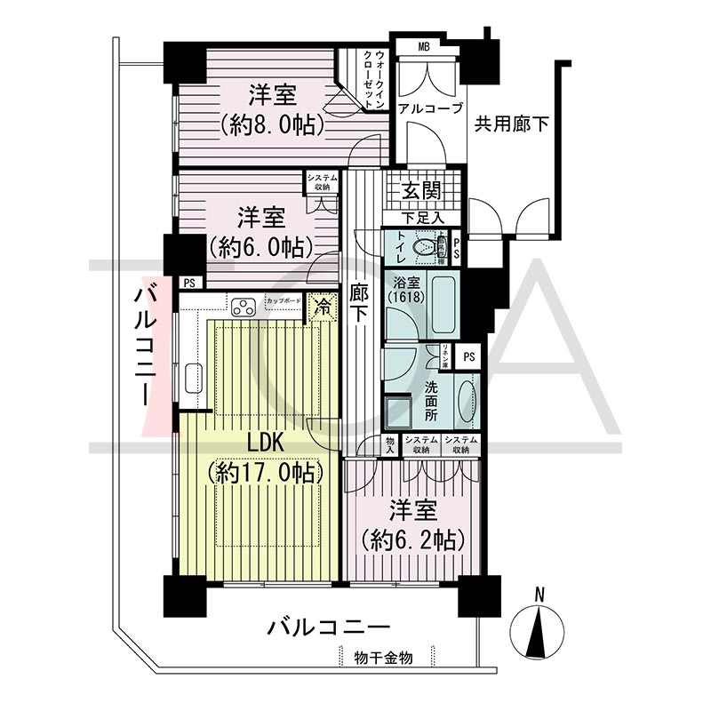 須磨コーストタワーの間取り図 南西向き角 3LDK 専有面積86.15m2
バルコニー面積32.86m2
アルコーブ面積4.04m2