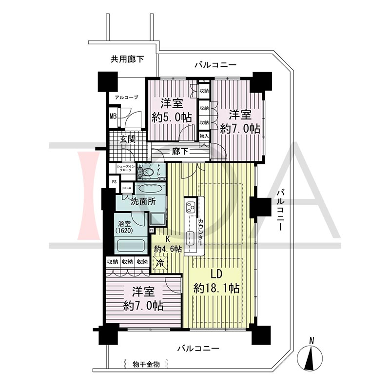 須磨コーストタワーの間取り図 南東向き角 3LDK 専有面積90.73m2
バルコニー面積46.37m2
アルコーブ面積4.18m2