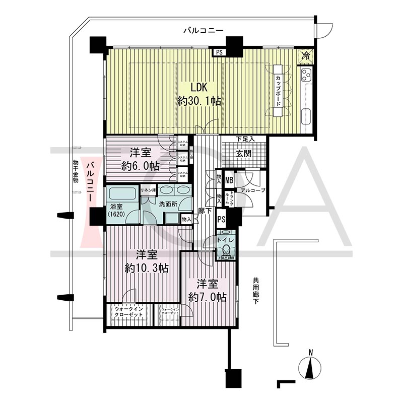 須磨コーストタワーの間取り図 北東向き角 3LDK 専有面積122.00m2
バルコニー面積44.15m2
アルコーブ面積4.28m2