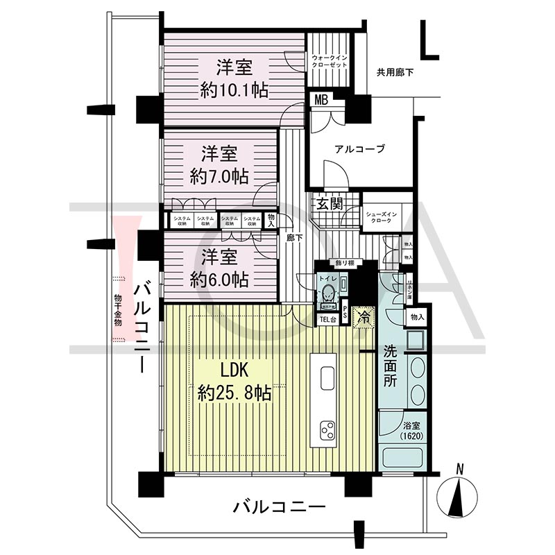 須磨コーストタワーの間取り図 南西向き角 3LDK 専有面積117.02m2
バルコニー面積48.56m2
アルコーブ面積10.14m2