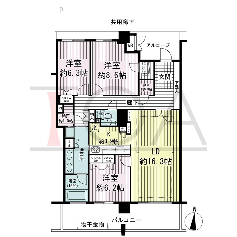 須磨コーストタワーの間取り図 南向き 3LDK+N 専有面積103.44m2
バルコニー面積17.77m2
アルコーブ面積6.88m2