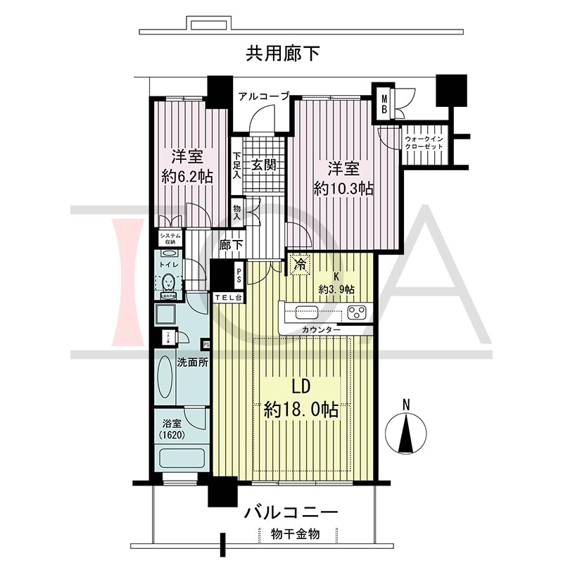 須磨コーストタワーの間取り図 南向き 2LDK 専有面積88.53m2
バルコニー面積13.93m2
アルコーブ面積7.39m2