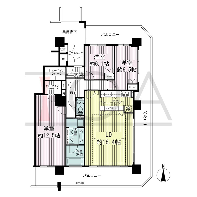 須磨コーストタワーの間取り図 南東向き角 3LDK 専有面積108.12m2
バルコニー面積53.17m2
アルコーブ面積5.18m2