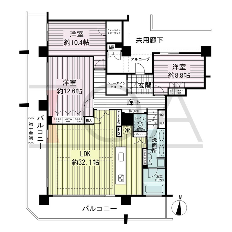 須磨コーストタワーの間取り図 南西向き角 3LDK 専有面積146.78m2
バルコニー面積50.86m2
アルコーブ面積10.31m2