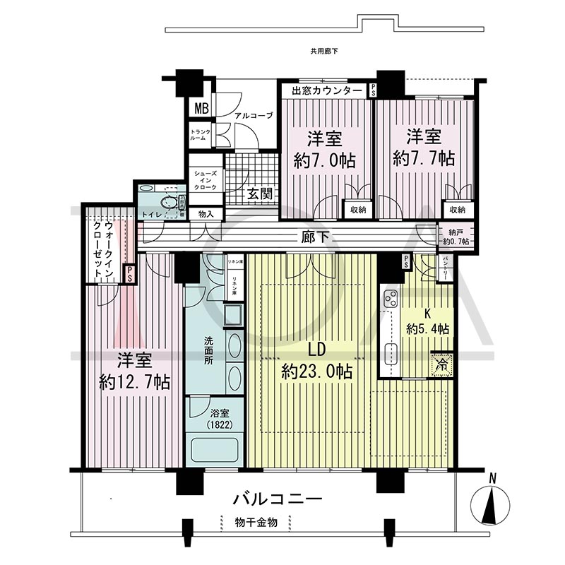 須磨コーストタワーの間取り図 南向き 3LDK+N 専有面積132.12m2
バルコニー面積24.60m2
アルコーブ面積4.78m2