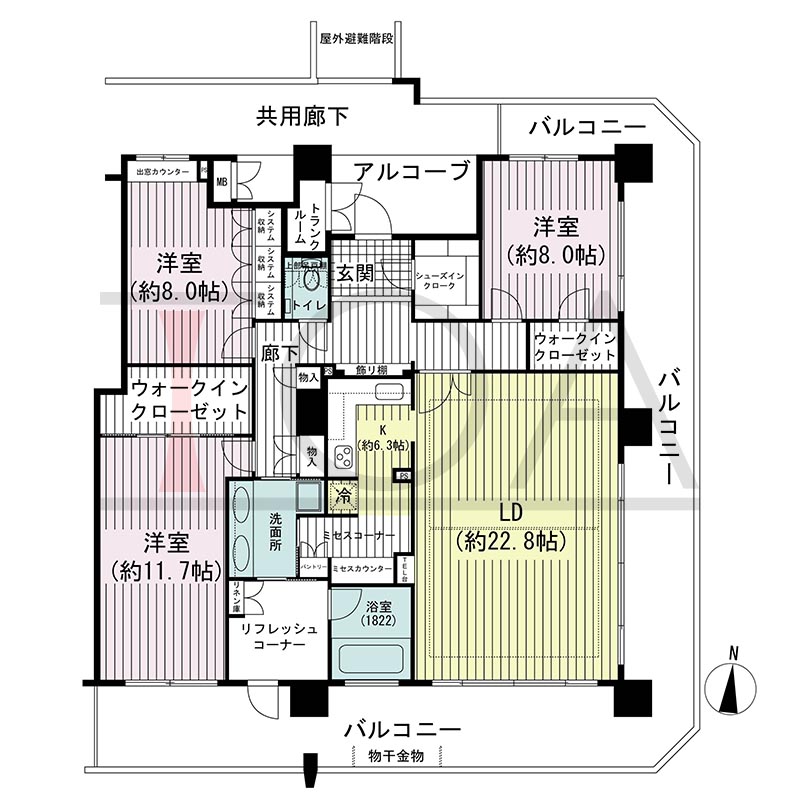 須磨コーストタワーの間取り図 南東向き角 3LDK+R 専有面積142.05m2
バルコニー面積55.30m2
アルコーブ面積8.41m2