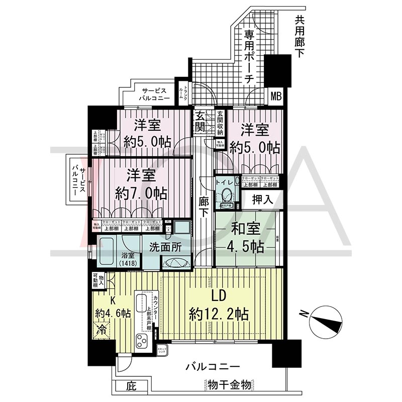 オーシャンテラス須磨海浜公園の間取り図 西向き角 4LDK 専有面積87.82m2
専用ポーチ面積9.96m2
バルコニー面積14.25m2
サービスバルコニー面積4.25m2