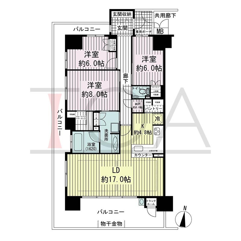 オーシャンテラス須磨海浜公園の間取り図 南西向き角 2LDK+M+N+WIC(2階から13階) 3LDK+N+WIC(14階) 専有面積99.01m2
専用ポーチ面積2.66m2
バルコニー面積37.24m2
