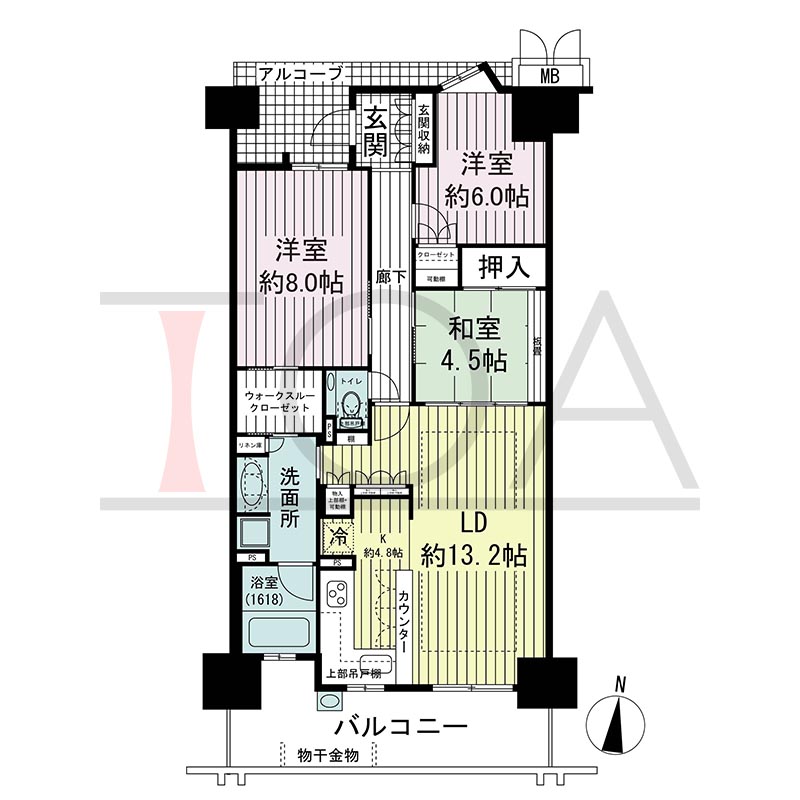 オーシャンテラス須磨海浜公園の間取り図 南向き 3LDK+WTC 専有面積85.77m2
アルコーブ面積7.01m2
バルコニー面積13.47m2