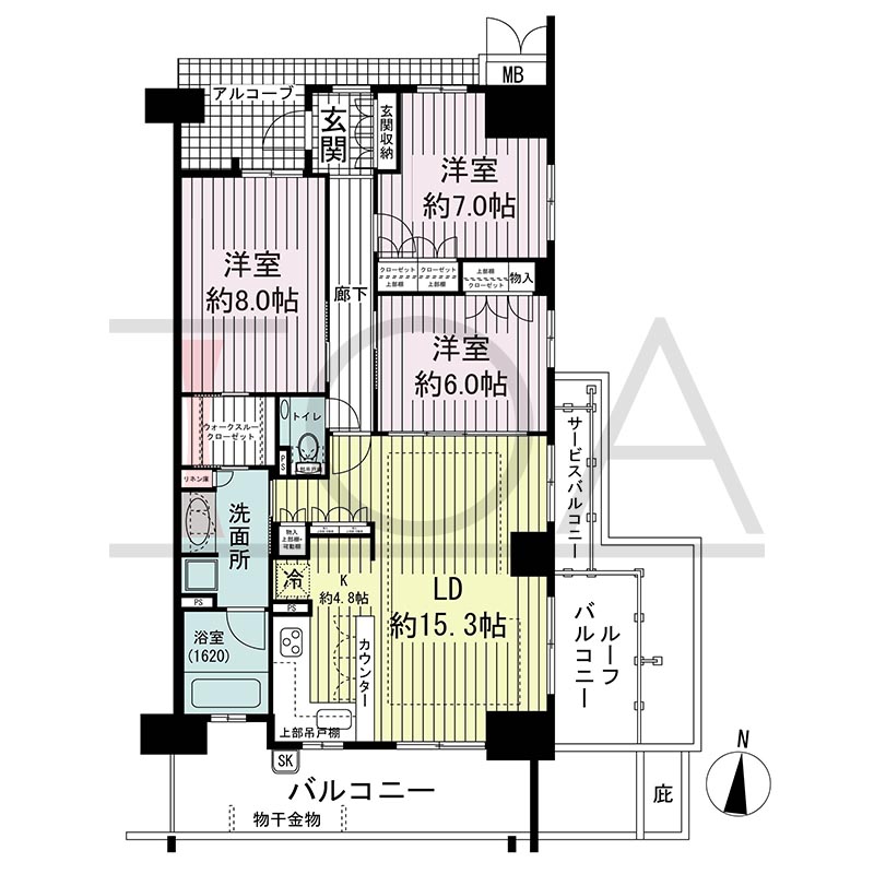 オーシャンテラス須磨海浜公園の間取り図 南東向き角 3LDK+WTC 専有面積92.91m2
アルコーブ面積7.36m2
バルコニー面積17.52m2
サービスバルコニー面積2.46m2
ルーフバルコニー面積5.95m2