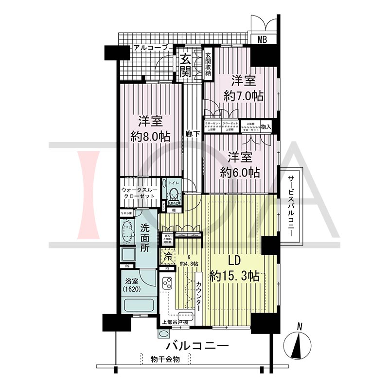 オーシャンテラス須磨海浜公園の間取り図 南東向き角 3LDK+WTC 専有面積92.91m2
アルコーブ面積7.36m2
バルコニー面積13.86m2
サービスバルコニー面積3.40m2