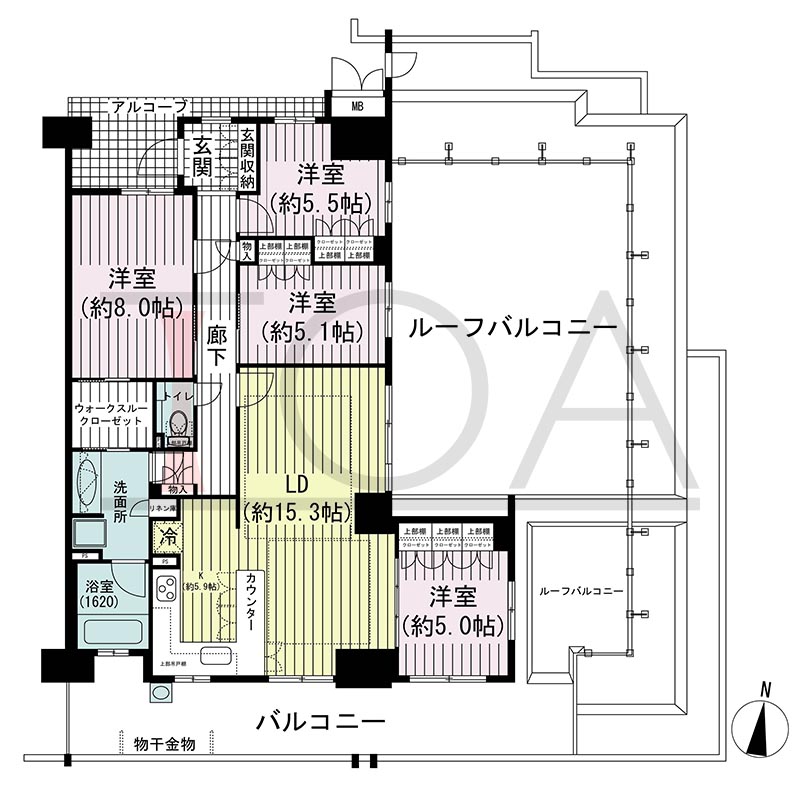 オーシャンテラス須磨海浜公園の間取り図 南東向き角 4LDK+WTC 専有面積103.59m2
アルコーブ面積7.36m2
バルコニー面積22.29m2
ルーフバルコニー面積56.32m2