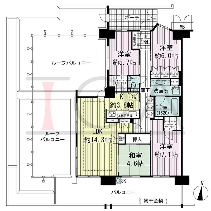 オーシャンテラス須磨海浜公園の間取り図 南西向き角 4LDK+2WIC 専有面積97.29m2
ポーチ面積7.78m2
バルコニー面積25.80m2
ルーフバルコニー面積58.44m2