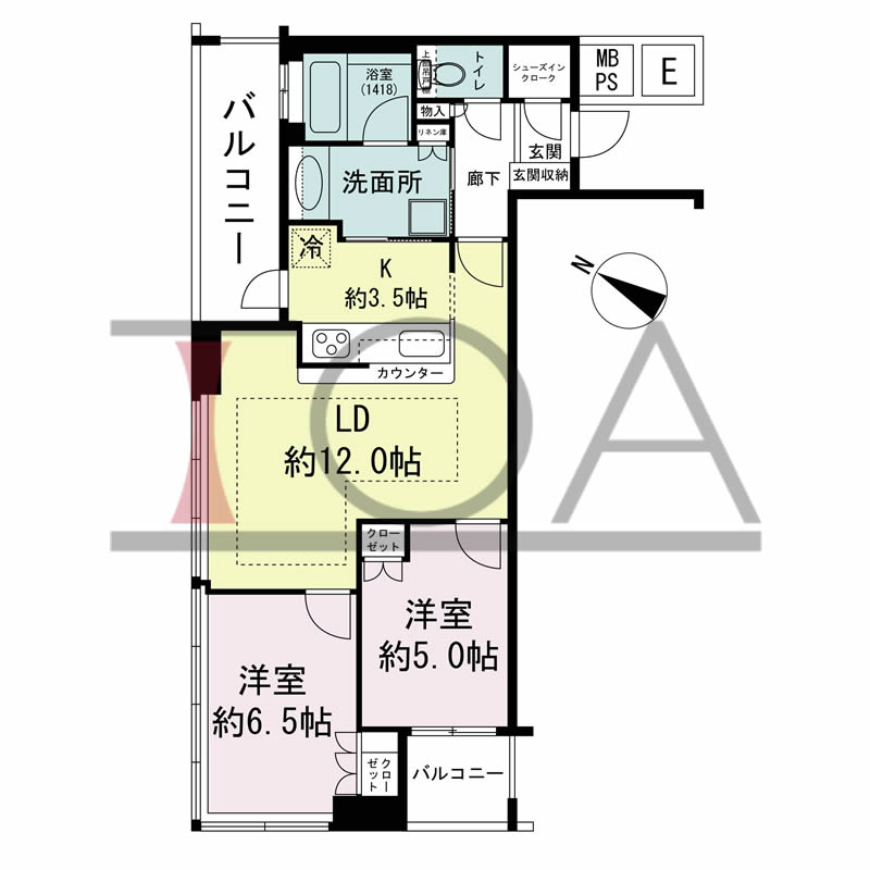 N4タワー(エヌフォー・タワー)の間取り図 北向き角 2LDK+SIC 専有面積61.13m2
バルコニー面積9.84m2