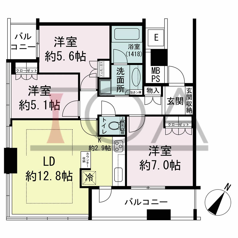 N4タワー(エヌフォー・タワー)の間取り図 南向き 1LDK+WIC 専有面積50.24m2
バルコニー面積7.73m2