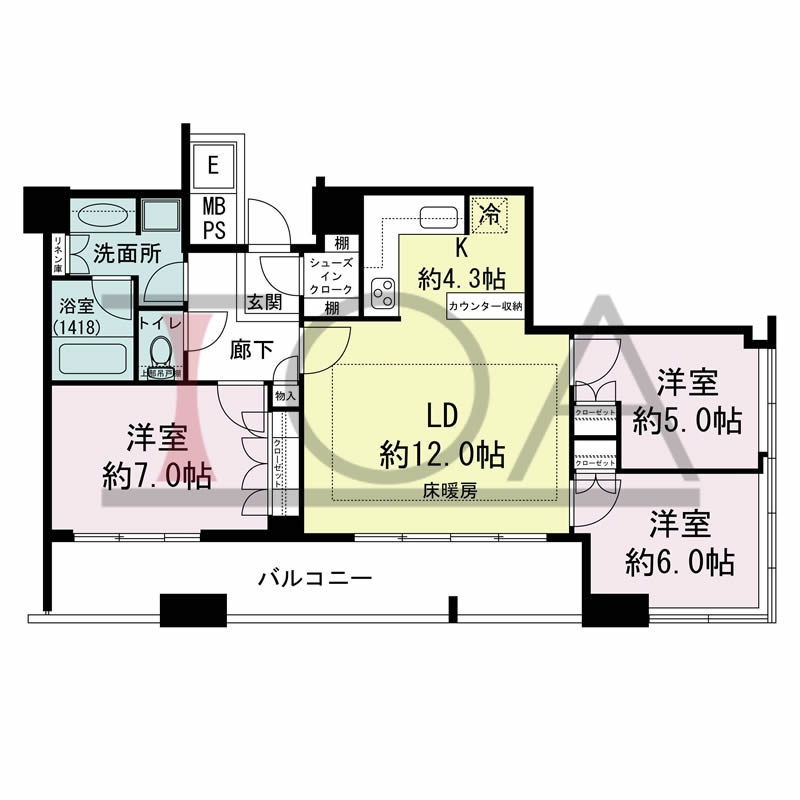 N4タワー(エヌフォー・タワー)の間取り図 東向き 3LDK+SIC 専有面積75.94m2
バルコニー面積15.27m2