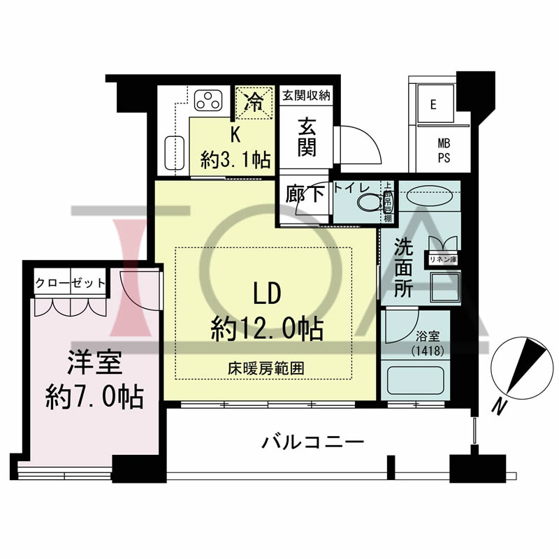N4タワー(エヌフォー・タワー)の間取り図 北東向き角 1LDK 専有面積52.89m2
バルコニー面積9.64m2