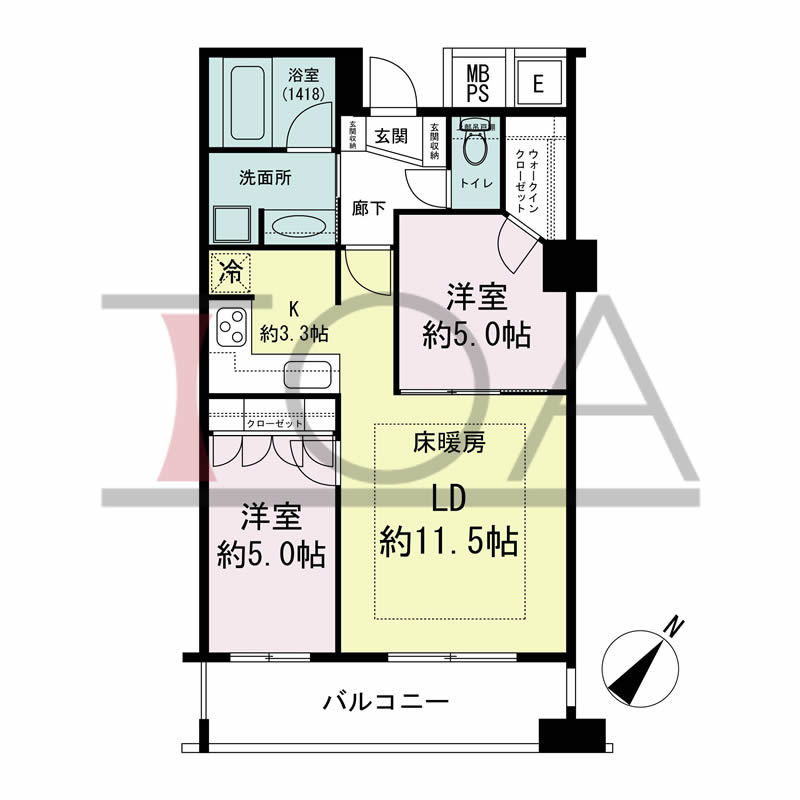 N4タワー(エヌフォー・タワー)の間取り図 南向き 2LDK+WIC 専有面積57.20m2
バルコニー面積9.00m2