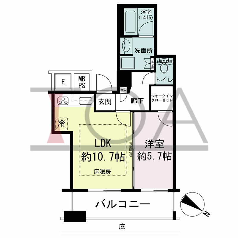 N4タワー(エヌフォー・タワー)の間取り図 北東向き 1LDK+WIC 専有面積43.55m2
バルコニー面積8.53m2