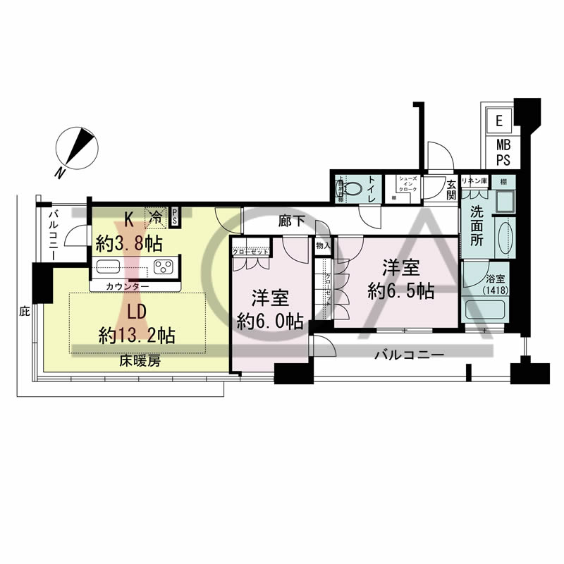 N4タワー(エヌフォー・タワー)の間取り図 北向き角 2LDK+SIC 専有面積71.08m2
バルコニー面積12.39m2
