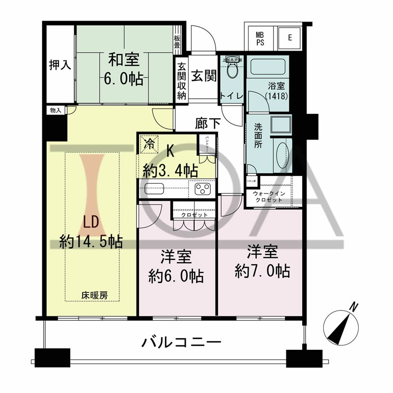 N4タワー(エヌフォー・タワー)の間取り図 南向き 3LDK+WIC 専有面積84.56m2
バルコニー面積13.20m2