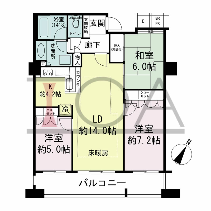 N4タワー(エヌフォー・タワー)の間取り図 南向き 3LDK 専有面積78.61m2
バルコニー面積12.30m2