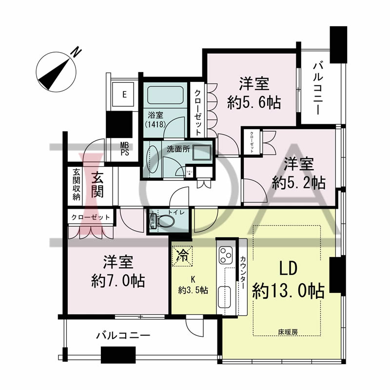 N4タワー(エヌフォー・タワー)の間取り図 南東向き角 3LDK 専有面積75.43m2
バルコニー面積11.68m2