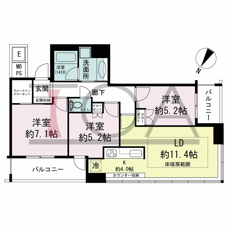 N4タワー(エヌフォー・タワー)の間取り図 北東向き角 3LDK+WIC 専有面積74.81m2
バルコニー面積10.77m2