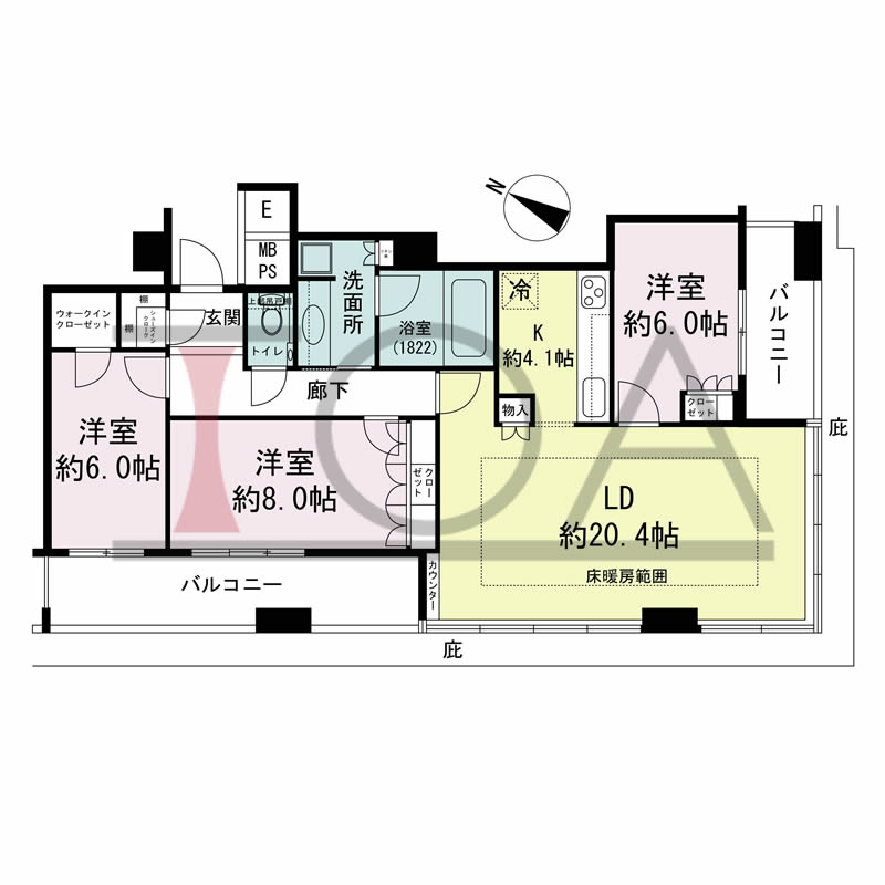 N4タワー(エヌフォー・タワー)の間取り図 南向き角 3LDK+WIC+SIC 専有面積98.07m2
バルコニー面積17.48m2